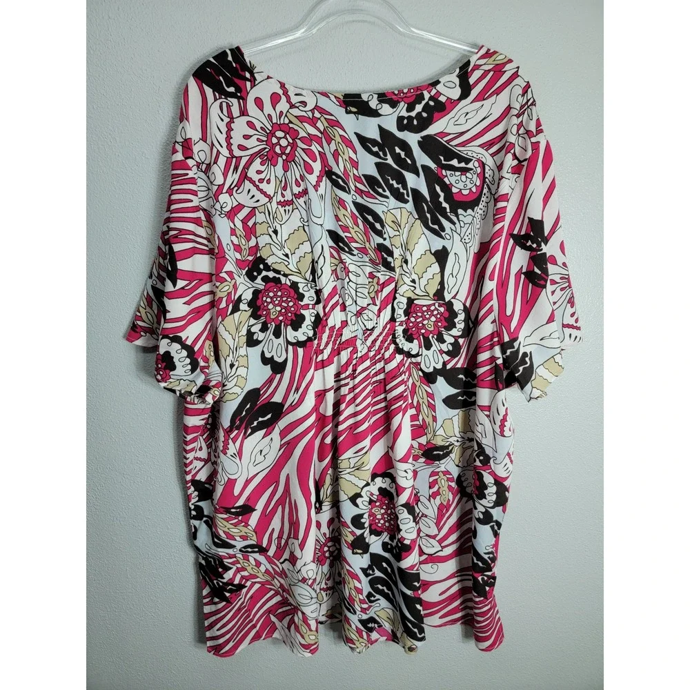 Roaman's Womens 30W Tunic Top Pink Floral Abstract Zebra V-Neck Lightweight
